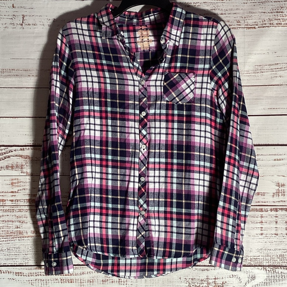 Faded Glory Pink and Purple Plaid Button Down Shirt